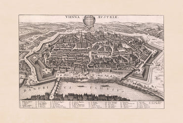 Mapa de Viena 1649 impreso por Matthäus Merian - Grabado vintage de la ciudad de Austria