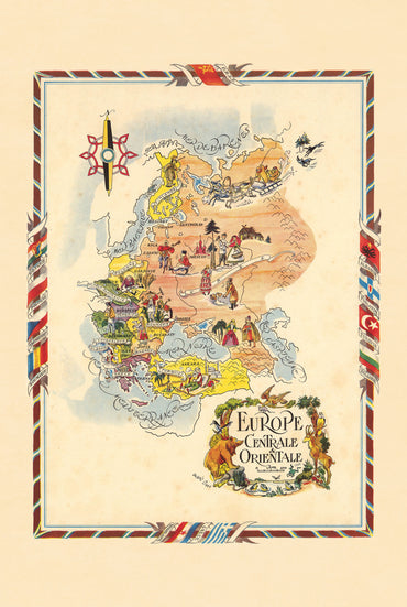 Mapa ilustrado de Europa Central y del Este - Mapa pictórico vintage con ciudades y fauna