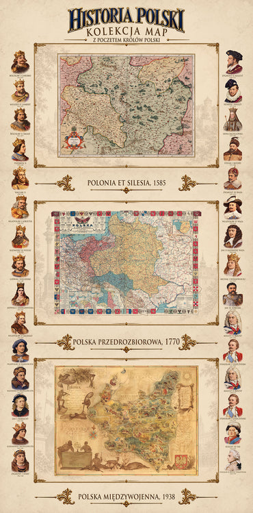 Historia Polski - Kolekcja 3 Historycznych Map i Poczet Królów Polski - Plakat