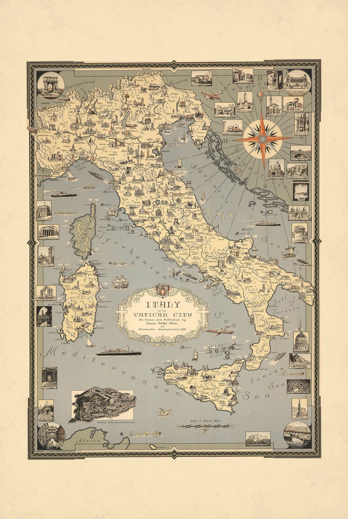 Italy & Vatican City 1935 - Ernest Dudley Chase Pictorial Map Poster