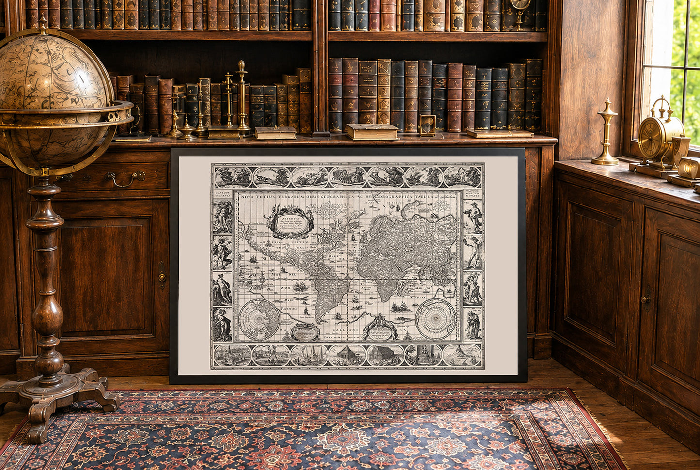 Mapa mundial vintage (1630) - Impresión artística que muestra mitología y las siete maravillas