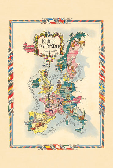 Mapa ilustrado de Europa Occidental - Mapa pictórico vintage con ciudades y fauna
