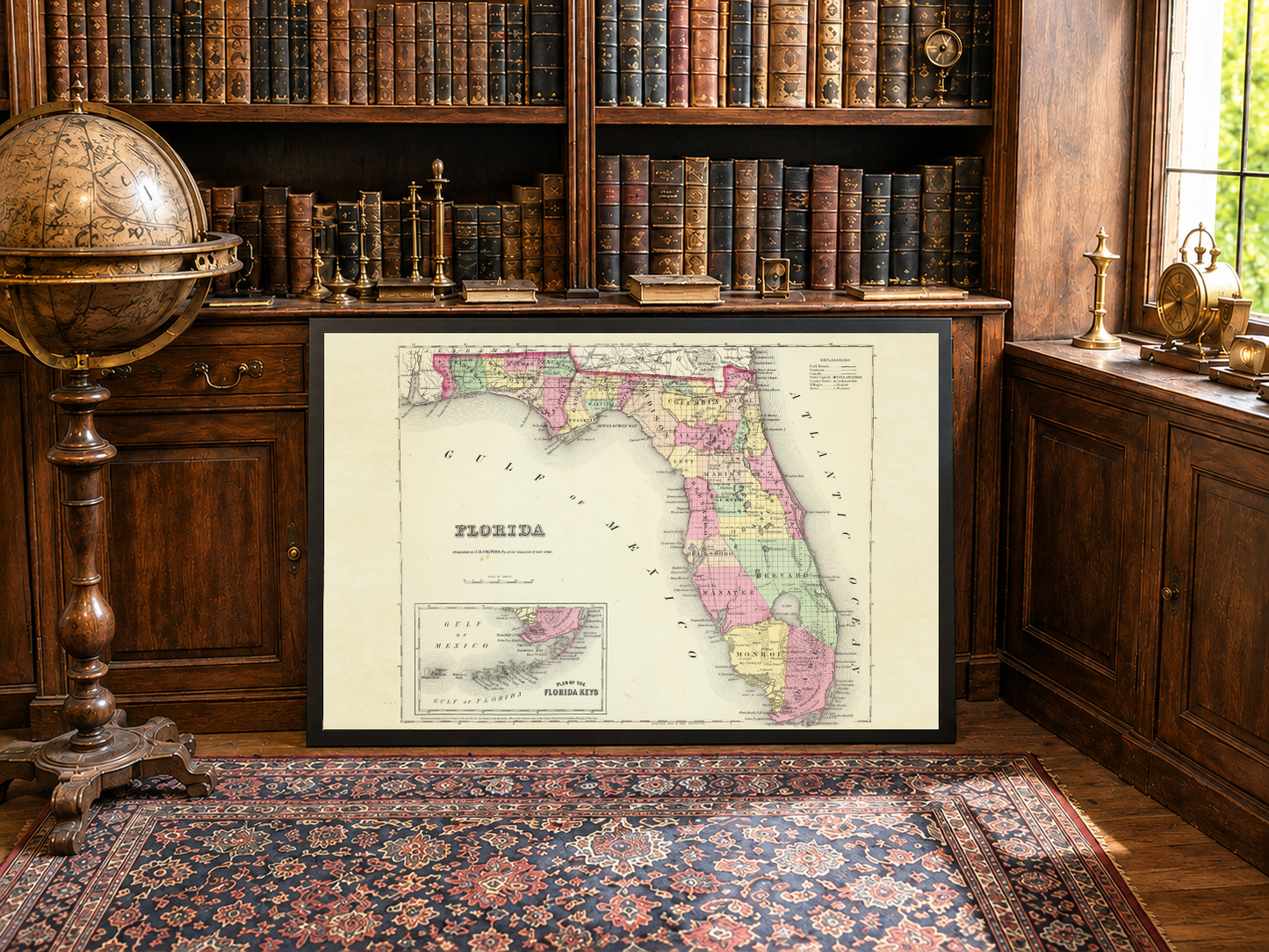 Cartel del Mapa de Florida 1856 - Mapa de Condados Coloreado a Mano con Límites Detallados