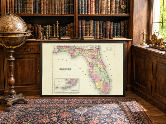 Cartel del Mapa de Florida 1856 - Mapa de Condados Coloreado a Mano con Límites Detallados