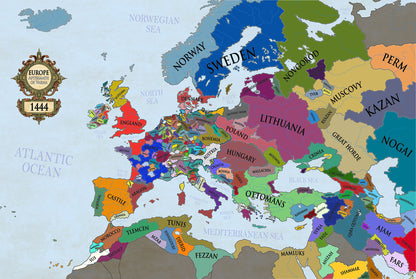 Mapa de Europa 1444 impreso - Mapa político medieval posterior a Varna