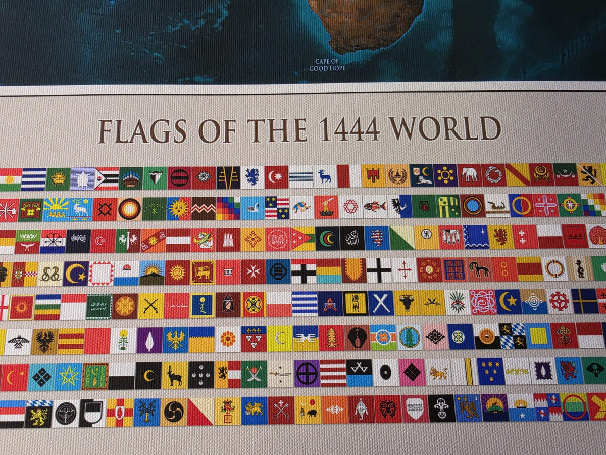 Affiche Carte du Monde 1444 - Carte Politique Historique avec Relief Naturel et Drapeaux