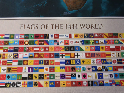 Affiche Carte du Monde 1444 - Carte Politique Historique avec Relief Naturel et Drapeaux