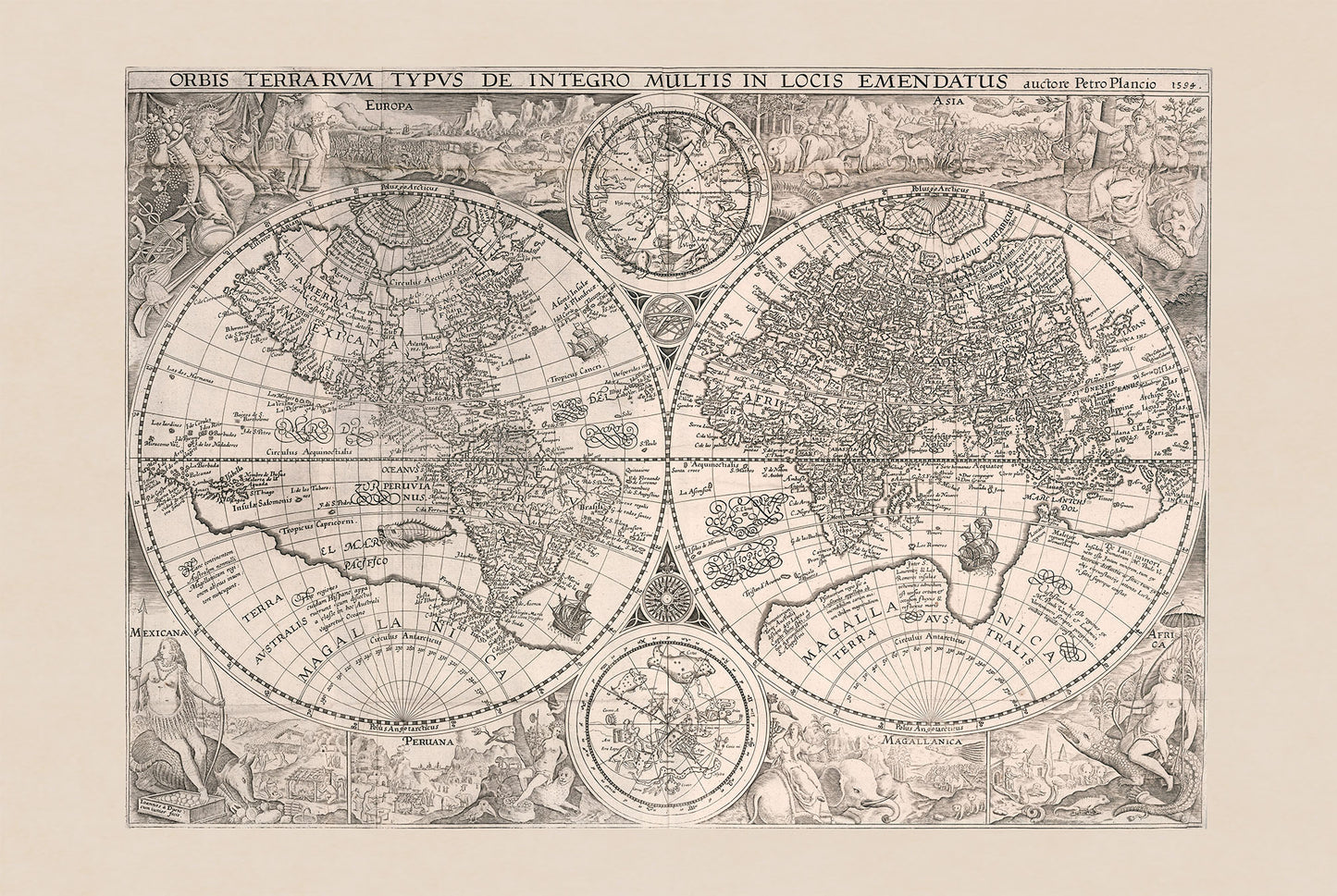 Mapa mundial 1594 “Orbis Terrarum Typus” - Impresión decorativa de doble hemisferio