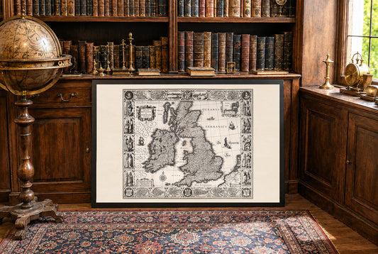 1630 Britische Inseln Kartenprint - Historische Städte & Illustration traditioneller regionaler Trachten