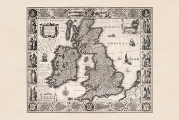 Impresión del mapa de las Islas Británicas de 1630 - Ciudades históricas e ilustración de vestimenta regional tradicional