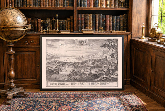 1654 Genf Kartenposter - Panoramablick aus der Vogelperspektive mit dem Genfersee und wichtigen Sehenswürdigkeiten