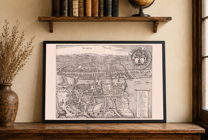 1654 Zürich Kartenposter - Panoramastadtplan mit der Limmat und dem Zürichsee