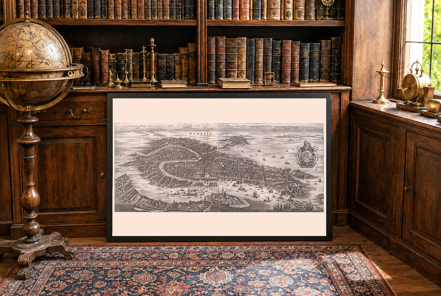 Poster mappa di Venezia 1688 - Pianta panoramica della città con dettagli del Canal Grande e della laguna