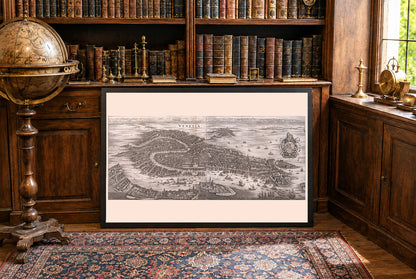 Poster mappa di Venezia 1688 - Pianta panoramica della città con dettagli del Canal Grande e della laguna