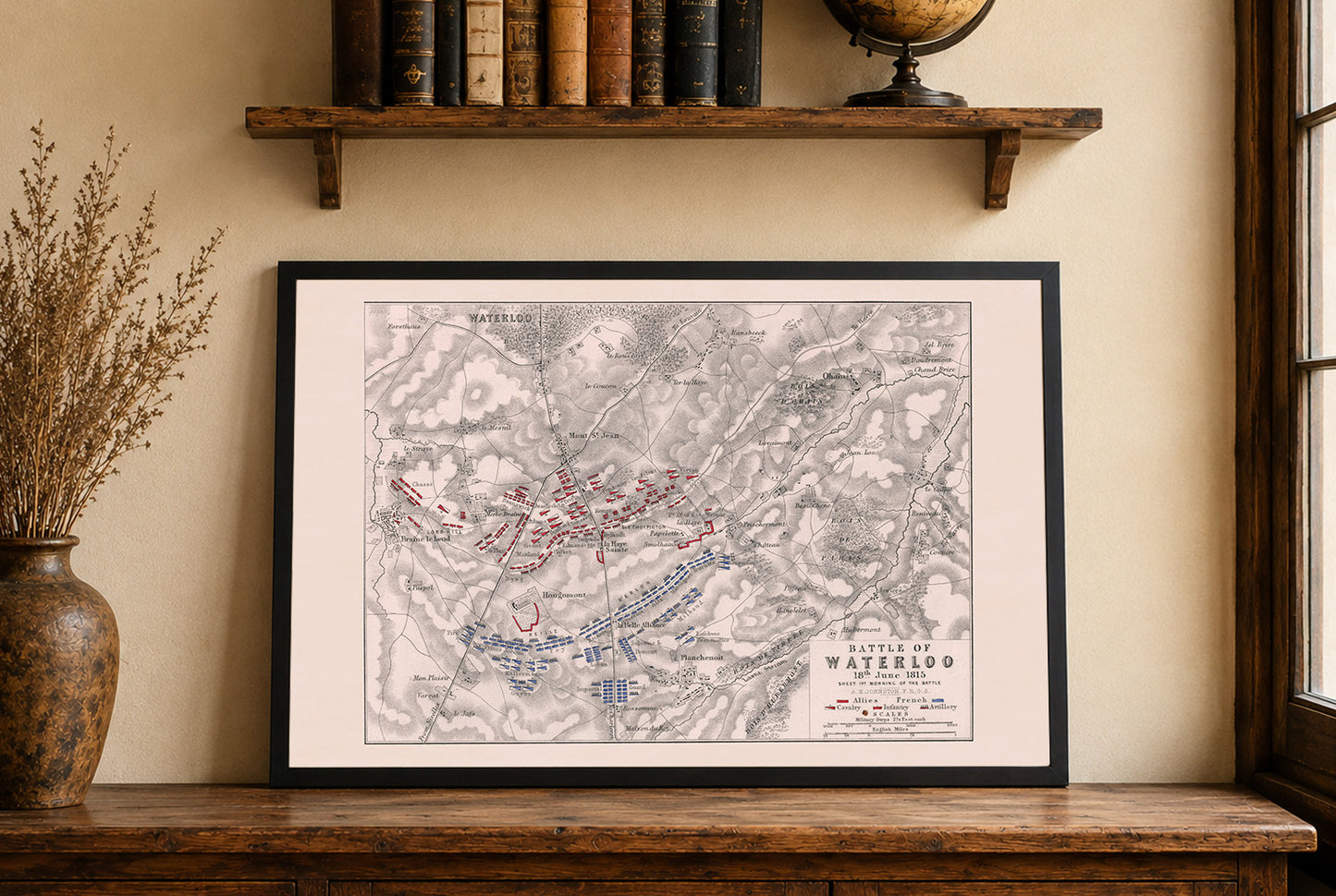 1815 Bitwa pod Waterloo, druk kartograficzny - historyczny plan militarny z formacjami wojskowymi