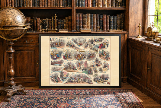 Cartel del Mapa del Juego de Historia Inglesa 1847 - Tablero Educativo Ilustrado con Escenas Históricas