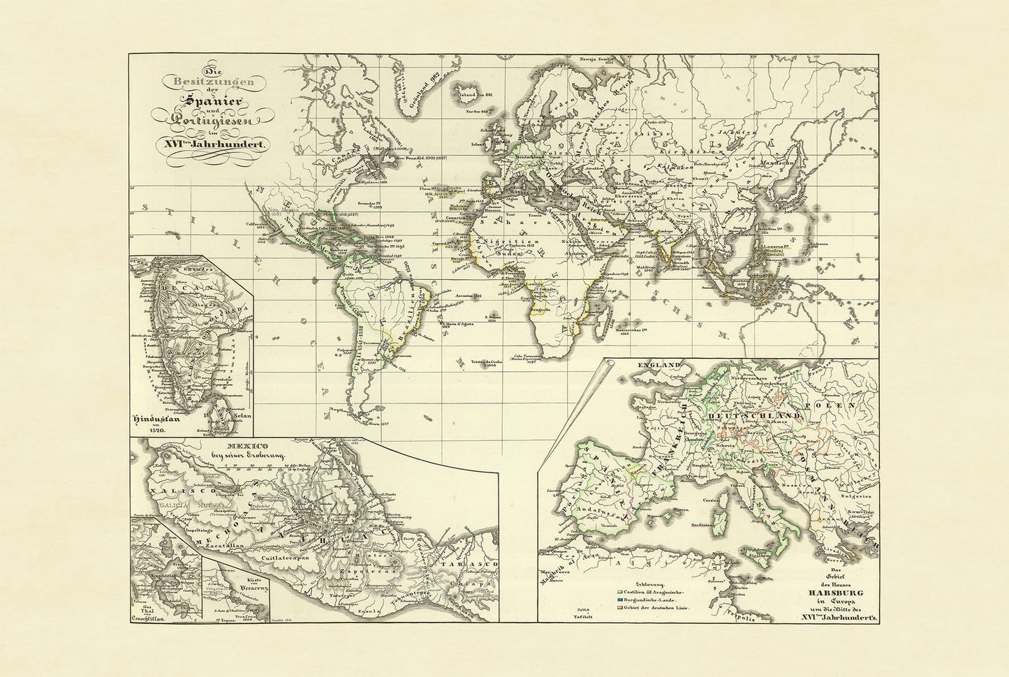 Mapa del Imperio colonial español y portugués 1854 - Impresión vintage de atlas histórico