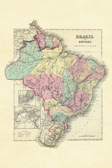 Cartel del Mapa de Brasil y Guayana 1856 - Regiones Coloreadas a Mano con Detalle de Río de Janeiro