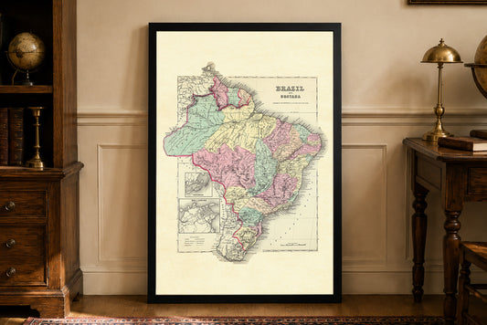 1856 Brasilien und Guayana Karte Poster - Handkolorierte Regionen mit Rio de Janeiro Detail