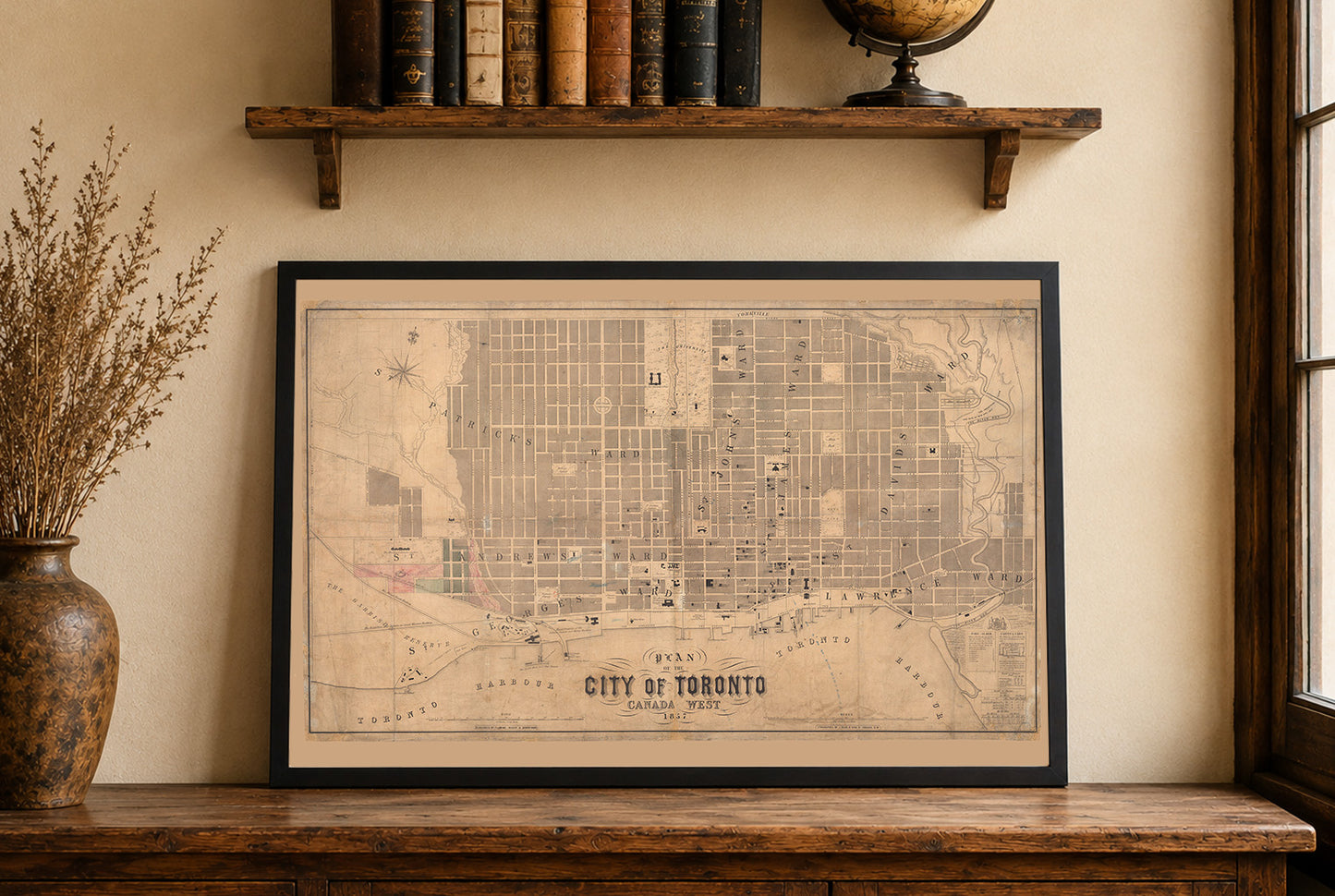 Poster mappa di Toronto 1857 - Pianta della città in grande formato con confini dei quartieri, istituzioni e lungomare