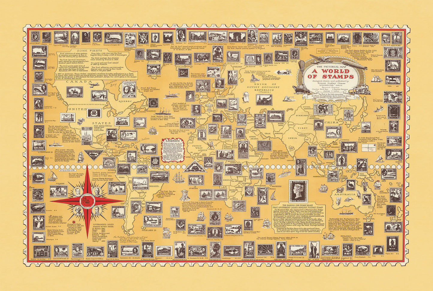Póster Mapa Un Mundo de Sellos (1947) - Arte de Pared Vintage de Filatelia e Historia Postal