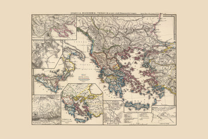 Póster de mapa de la Antigua Grecia - Arte de pared vintage de atlas histórico griego y macedonio