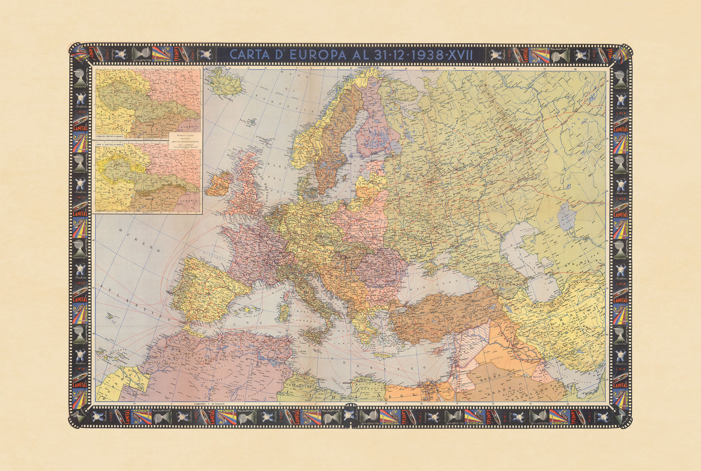 Póster de mapa político de Europa (1938) - Arte mural vintage de la Europa anterior a la Segunda Guerra Mundial
