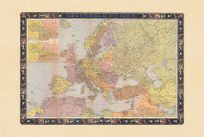 Póster de mapa político de Europa (1938) - Arte mural vintage de la Europa anterior a la Segunda Guerra Mundial