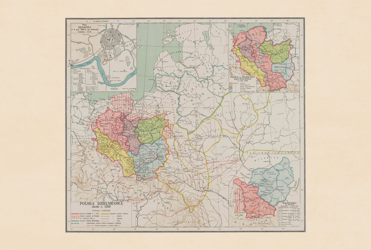 Fragmented Poland 1250 - Piast Duchies - Władysław Semkowicz 1932 Historical Map Poster