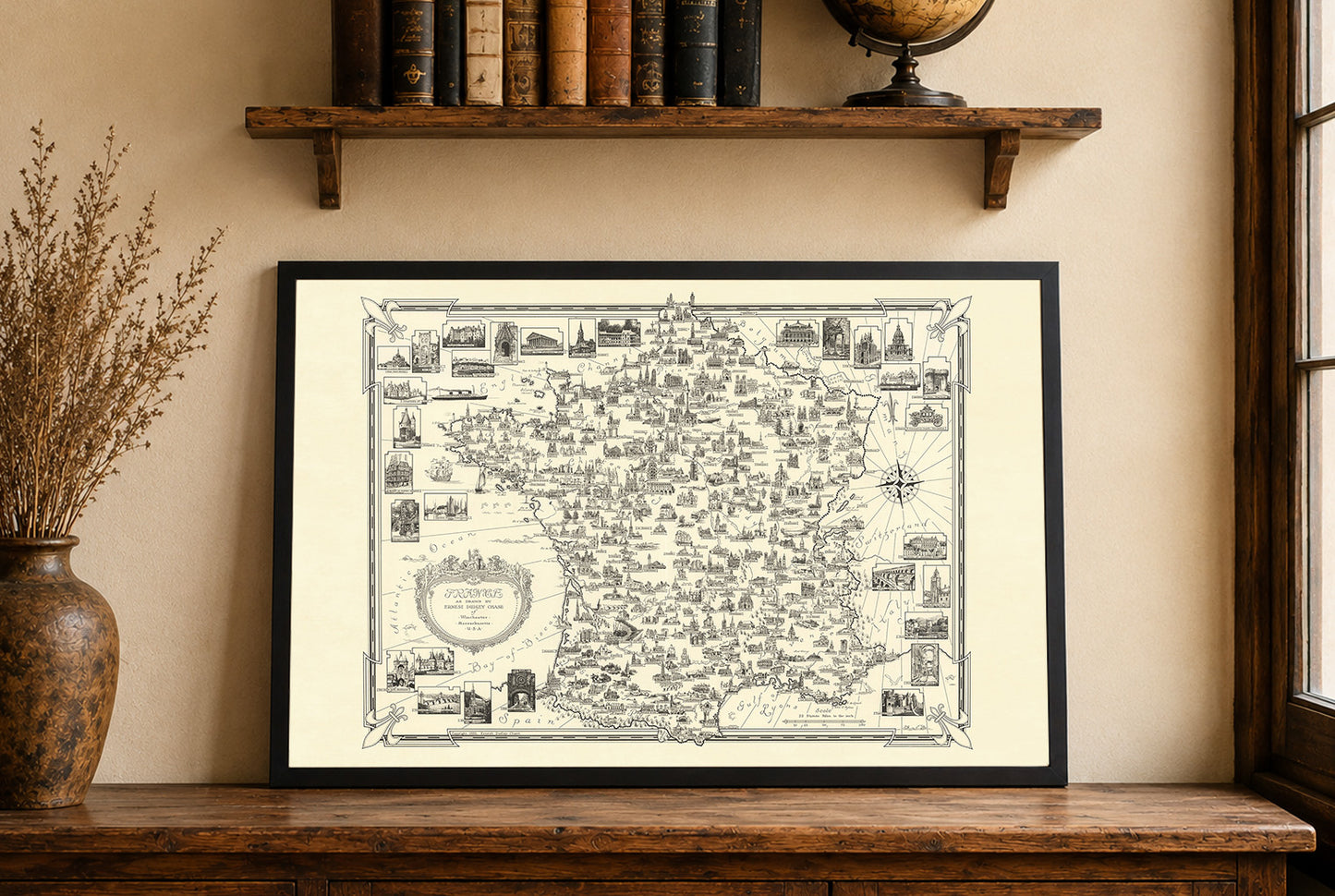 Póster del mapa pictórico de Francia (1935) - Arte de pared vintage de monumentos franceses