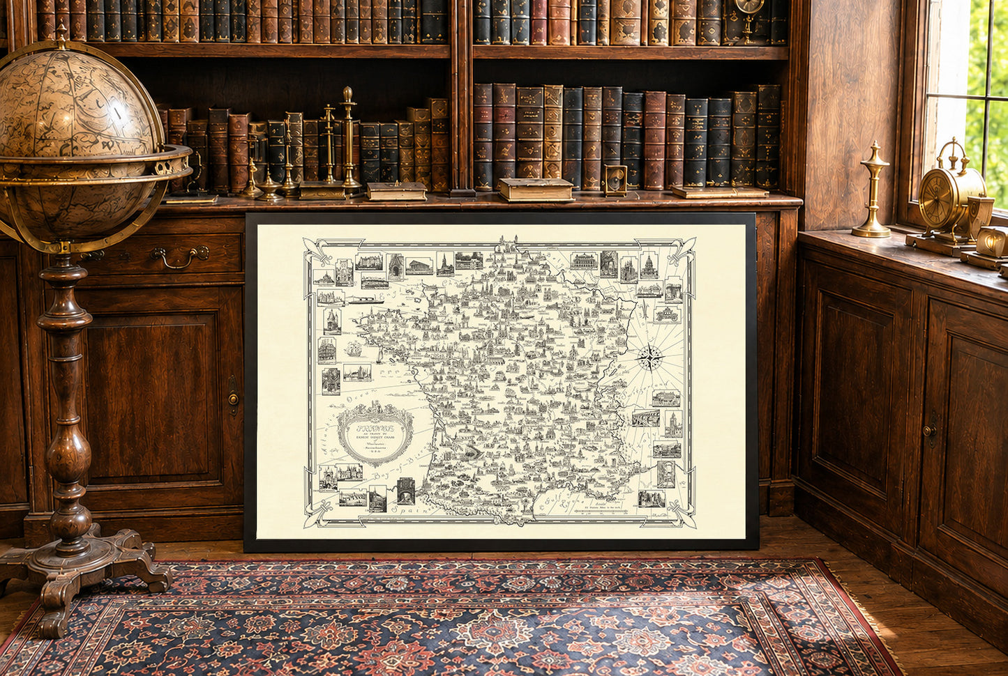 Póster del mapa pictórico de Francia (1935) - Arte de pared vintage de monumentos franceses