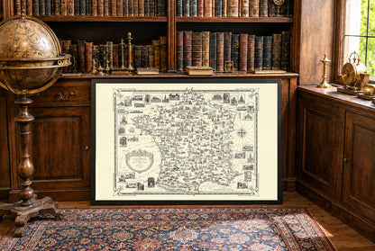 Póster del mapa pictórico de Francia (1935) - Arte de pared vintage de monumentos franceses