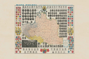Historical Poland Map Poster (1910) - Patriotic Map with Polish Rulers, Coats of Arms & Hołd Pruski