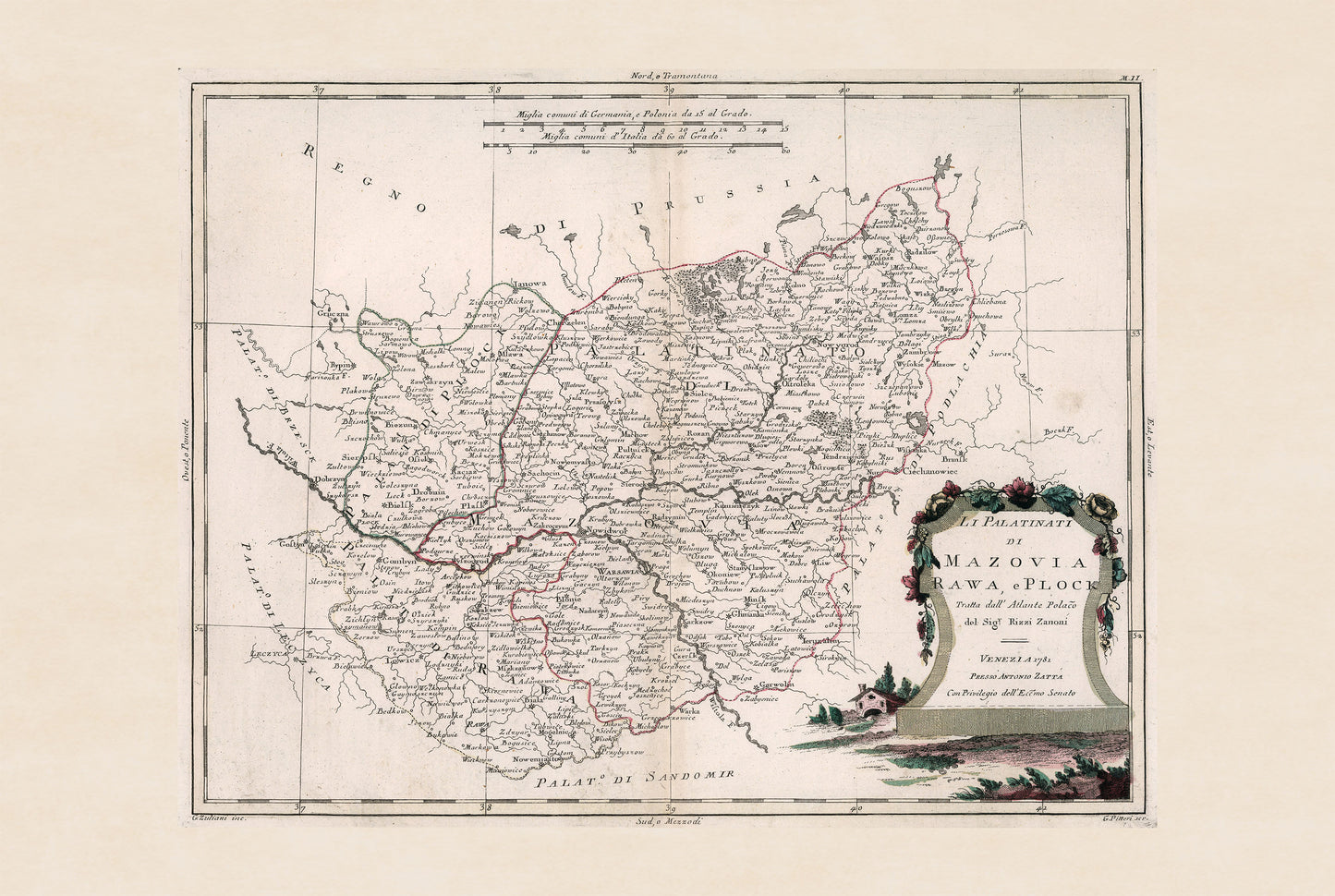 Póster de mapa histórico de Mazovia, Rawa y Płock: arte mural de la Polonia del siglo XVIII