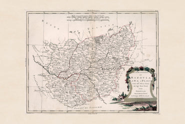 Póster de mapa histórico de Mazovia, Rawa y Płock: arte mural de la Polonia del siglo XVIII