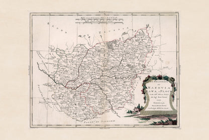 Póster de mapa histórico de Mazovia, Rawa y Płock: arte mural de la Polonia del siglo XVIII