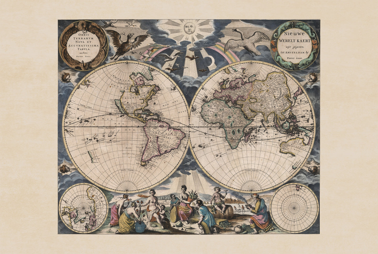 Póster del mapa mundial de Pieter Goos 1667 - con ilustración ornamentada y estilo atlas
