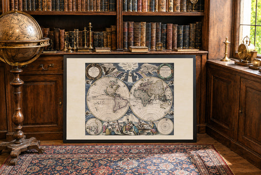 Póster del mapa mundial de Pieter Goos 1667 - con ilustración ornamentada y estilo atlas
