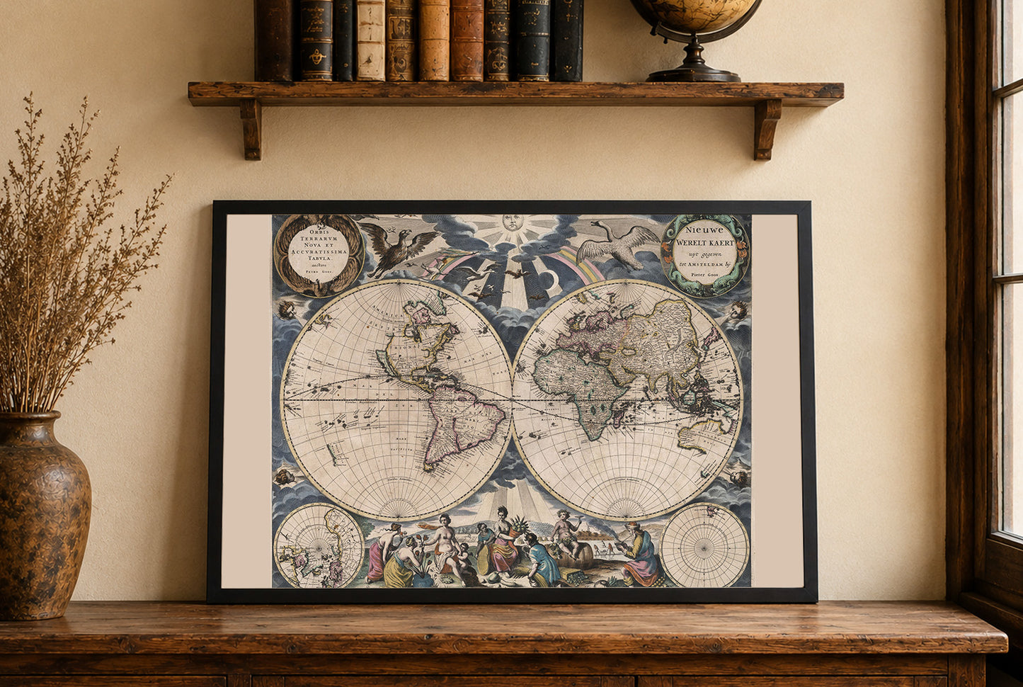 Póster del mapa mundial de Pieter Goos 1667 - con ilustración ornamentada y estilo atlas