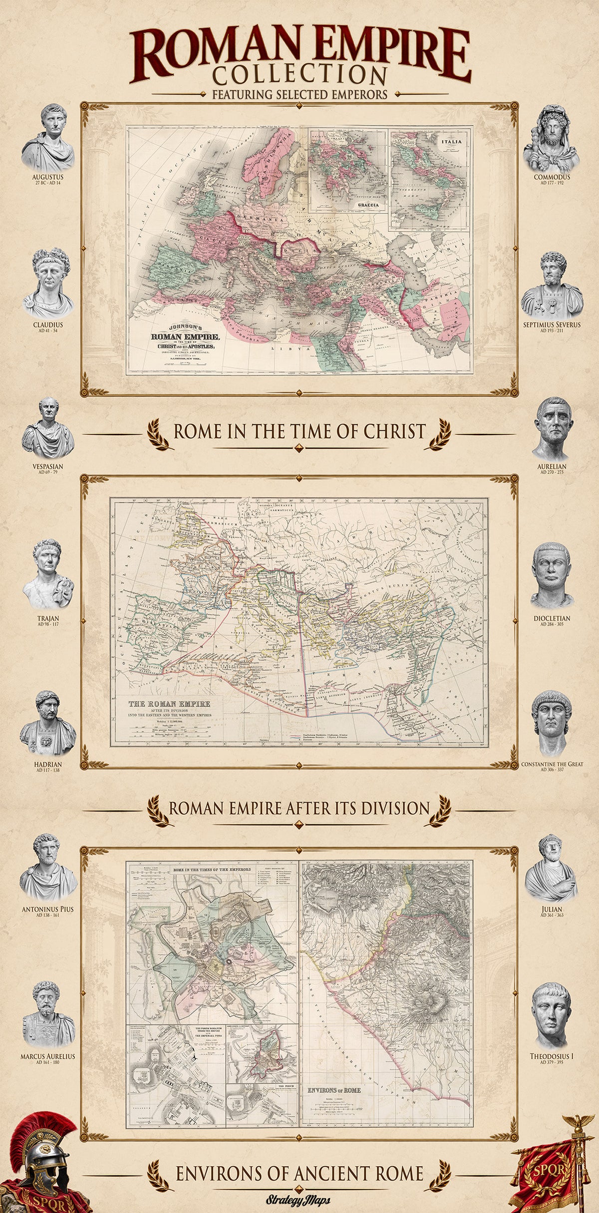 Roman Empire Collection - 3 Historical Maps in One Poster - Ancient Rome Map Set