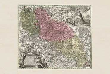 Póster de mapa histórico de Silesia: Alta y Baja Silesia, arte mural del siglo XVIII