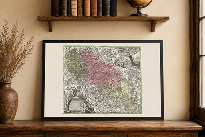 Póster de mapa histórico de Silesia: Alta y Baja Silesia, arte mural del siglo XVIII