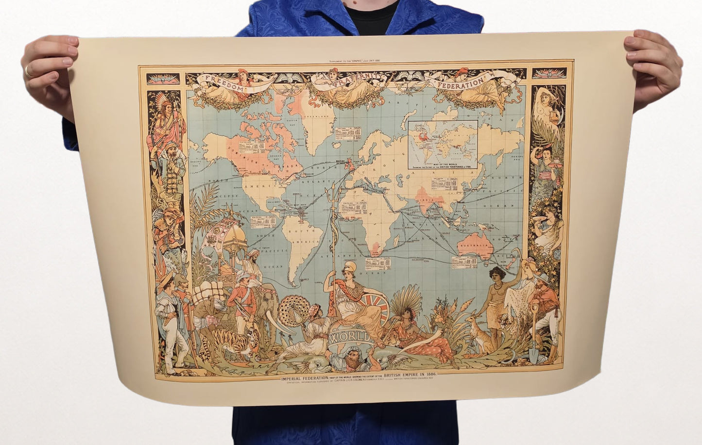 Affiche de carte de l'Empire britannique de l'époque victorienne (1886) représentant les régions du monde et les tenues culturelles