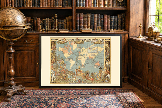 Póster del mapa del Imperio Británico de la era victoriana (1886) con regiones globales y vestimenta cultural
