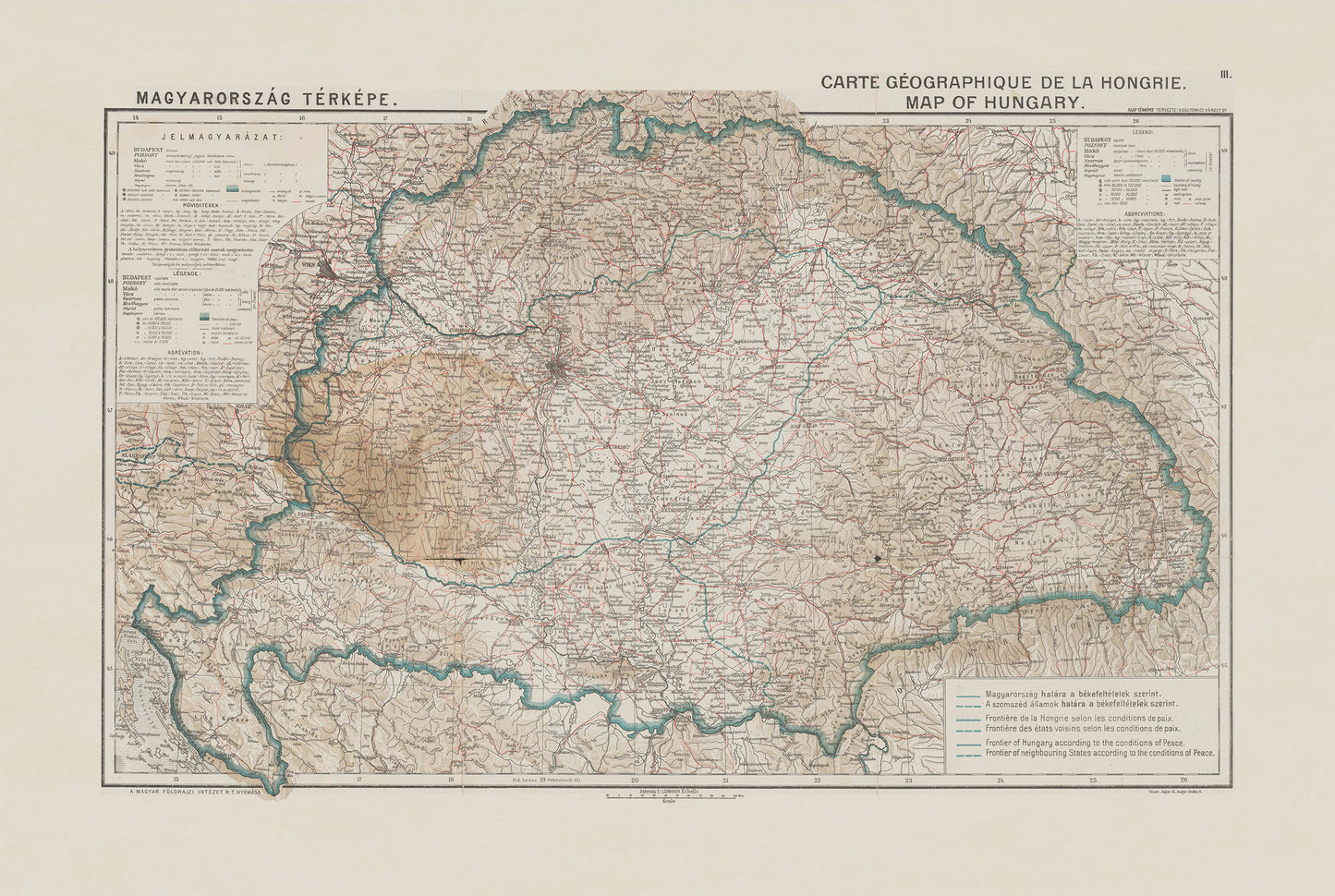 Póster de mapa antiguo de Hungría: fronteras de Hungría y Trianón, mapa histórico de Europa, 1920