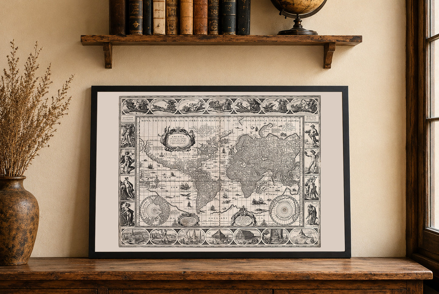 Mapa mundial vintage (1630) - Impresión artística que muestra mitología y las siete maravillas