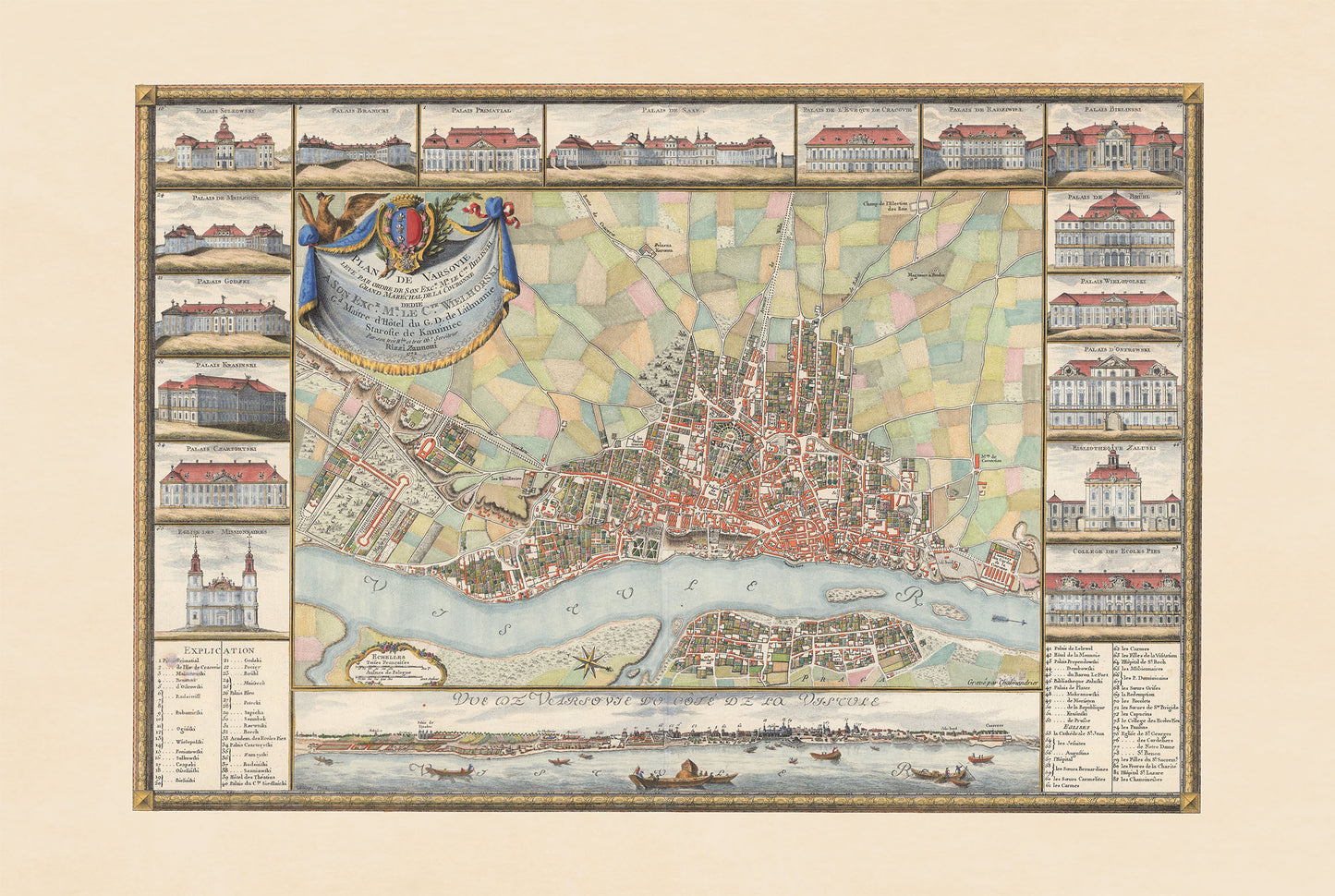 Varsovie 1772 - Carte historique de la capitale polonaise avec les principaux palais