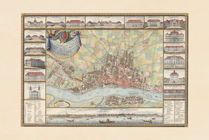 Varsovie 1772 - Carte historique de la capitale polonaise avec les principaux palais