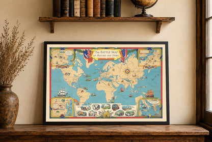 Impresión del mapa de la historia mundial - Batallas principales y ubicaciones de conflictos globales ilustradas