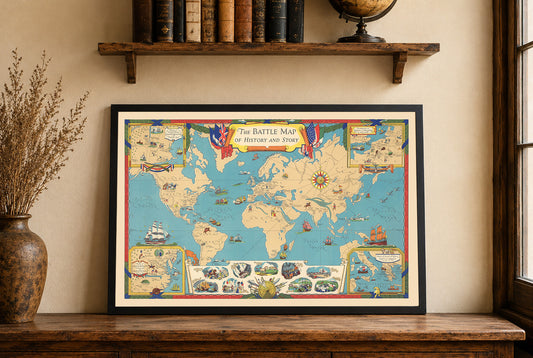 Impresión del mapa de la historia mundial - Batallas principales y ubicaciones de conflictos globales ilustradas